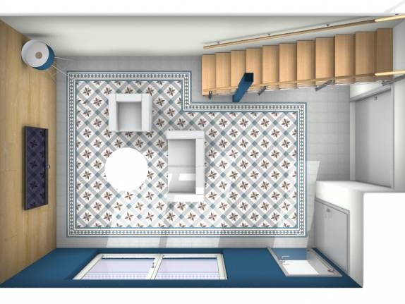 Vue du dessus implantation revêtement de sol imitation carreaux ciment