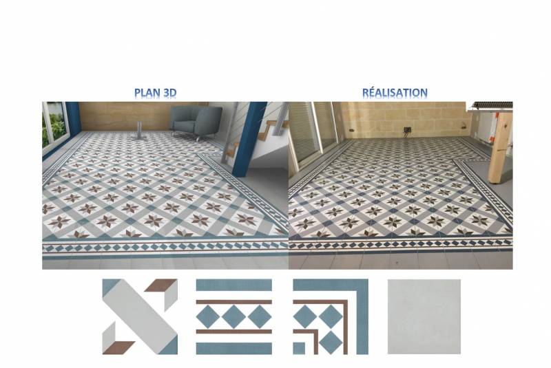 Comparatif plan 3D et réalité tapis carrelage imitation carreaux ciment