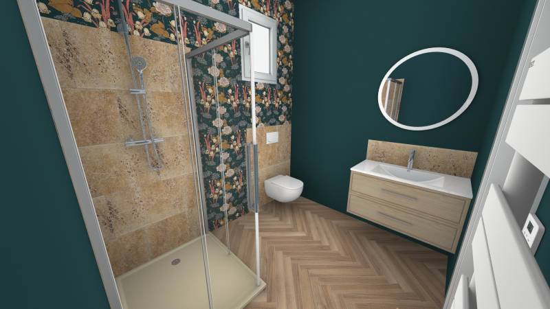 Plan 3D d’une salle d’eau et toilette avec un carrelage imitation Travertin à Guîtres à proximité de Libourne