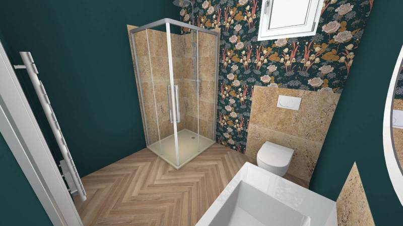 Plan 3D d’une salle d’eau et toilette avec un carrelage imitation Travertin à Guîtres à proximité de Libourne